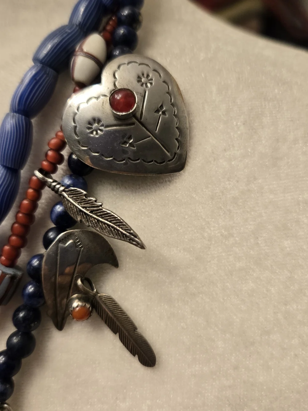 Vintage 925 Tasco Layered Blue & Coral Beaded Cross Necklace - Unbranded